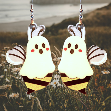 Two cute ghost-shaped bee earrings with a yellow and black striped design.