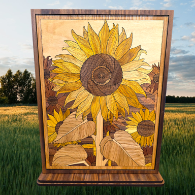 Wooden art piece featuring intricate sunflower designs in vibrant colors.