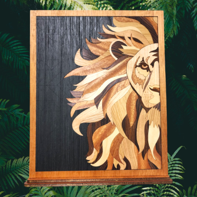 Wooden art piece depicting a lion's face with intricate detailing in various wood tones.